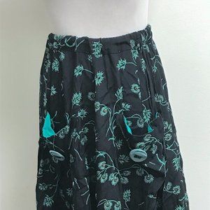 Janice McCarty black turquoise blue floral pockets vintage rayon midi skirt S